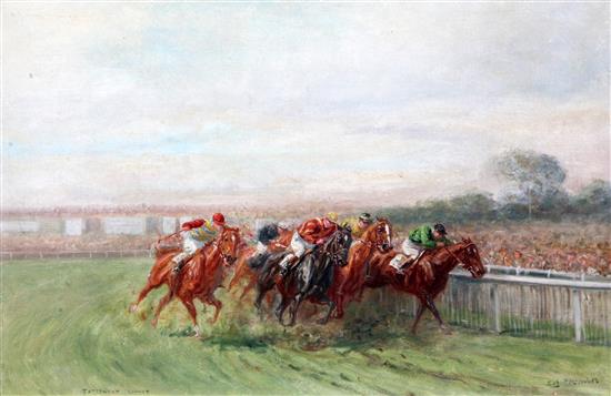 Eugene Pechaubes (1890-1967) Tattenham Corner, 10.5 x 16in.